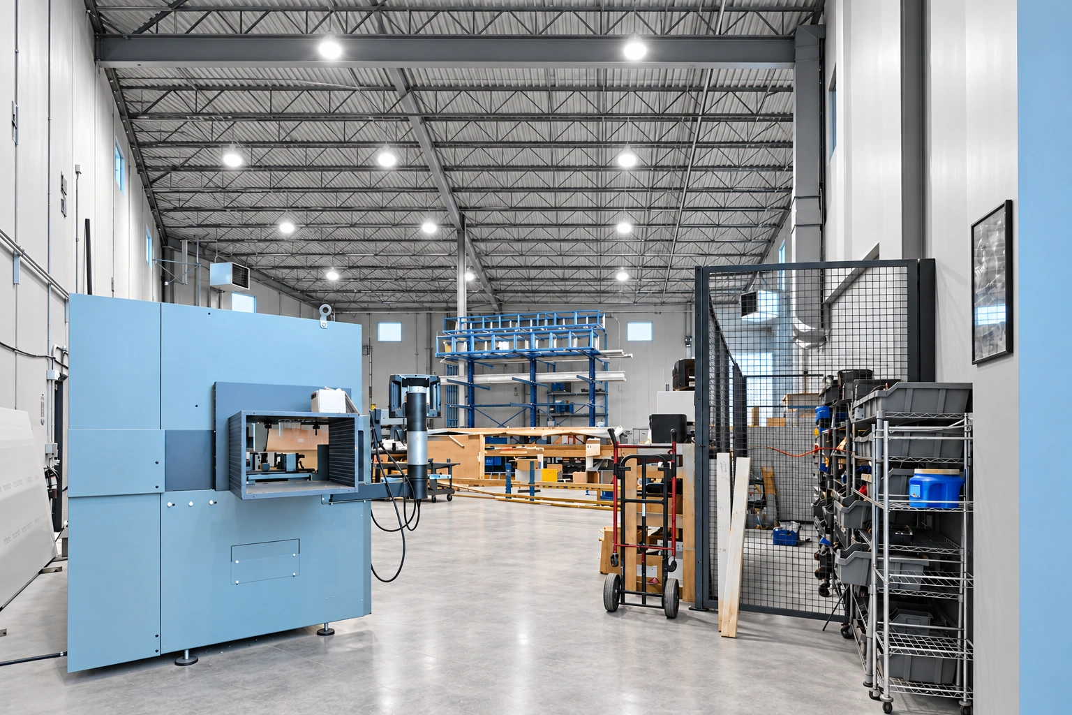 Bright fabrication workspace with metal roof trusses and glass-working equipment